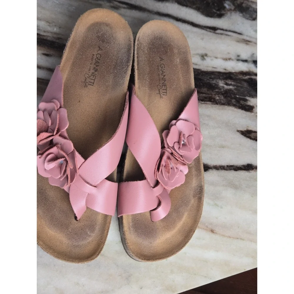 A. Giannetti Comfort Sandals Rose Pink Flower Leather Slides 9 Beach‎ Summer